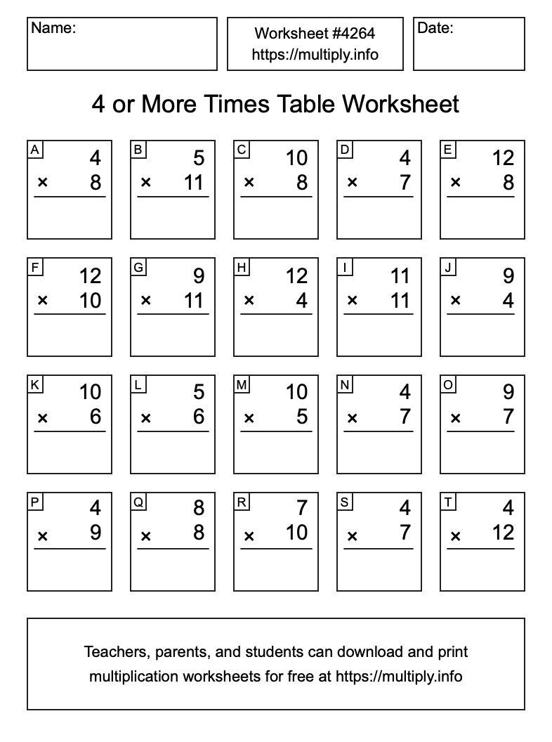 4 or more Times Table Worksheet #4264