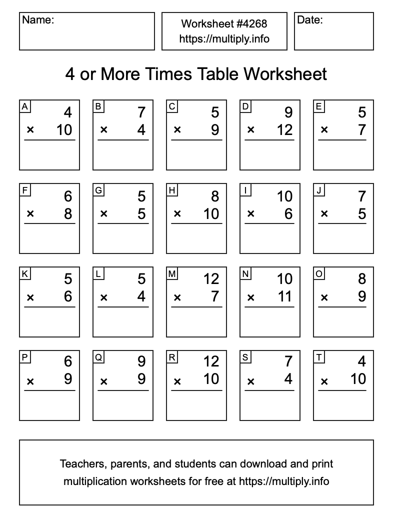 4 or more Times Table Worksheet #4268
