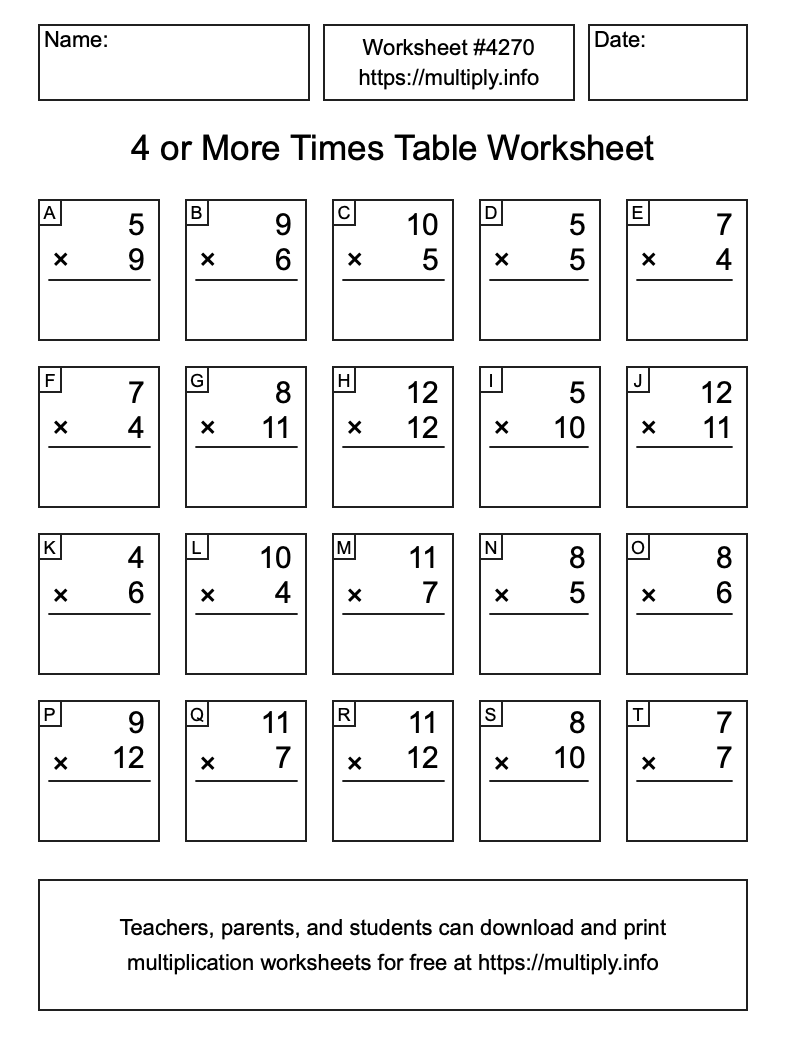 4 or more Times Table Worksheet #4270