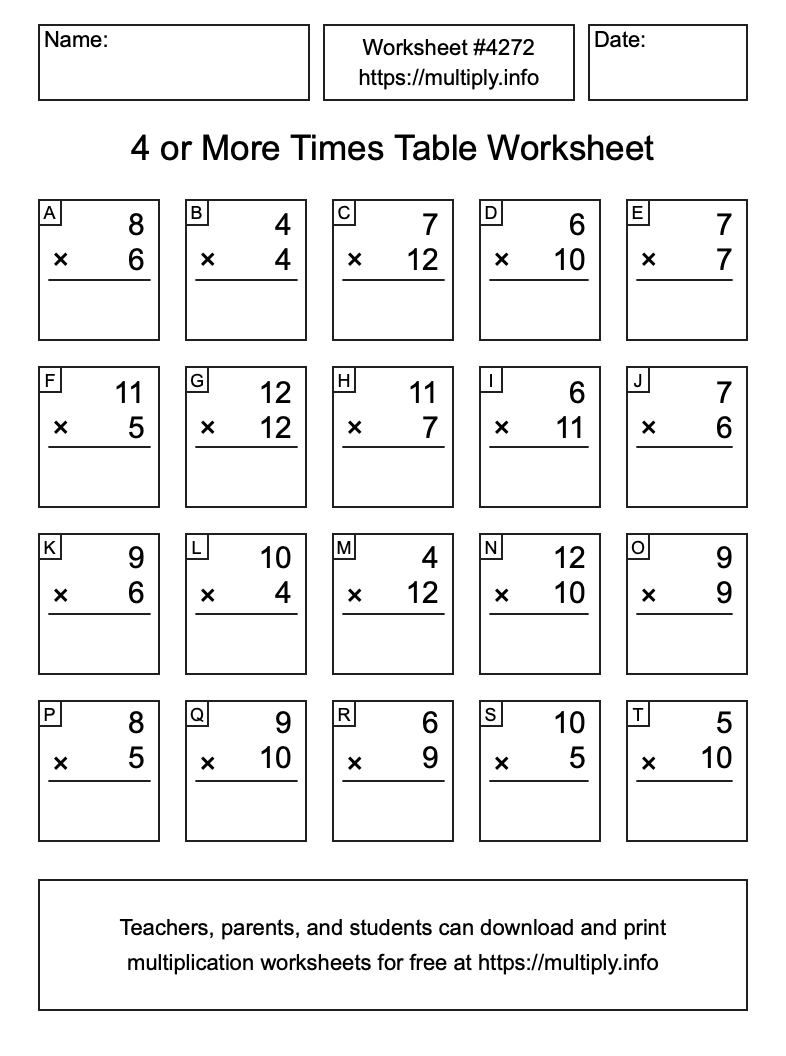 4 or more Times Table Worksheet #4272