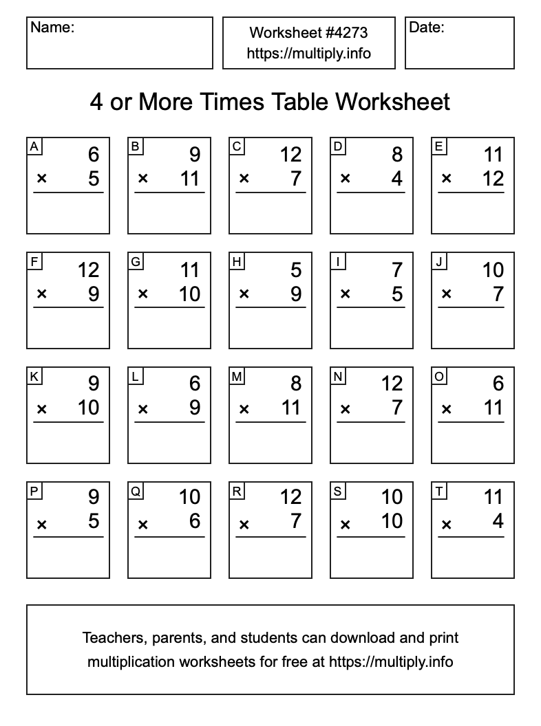 4 or more Times Table Worksheet #4273