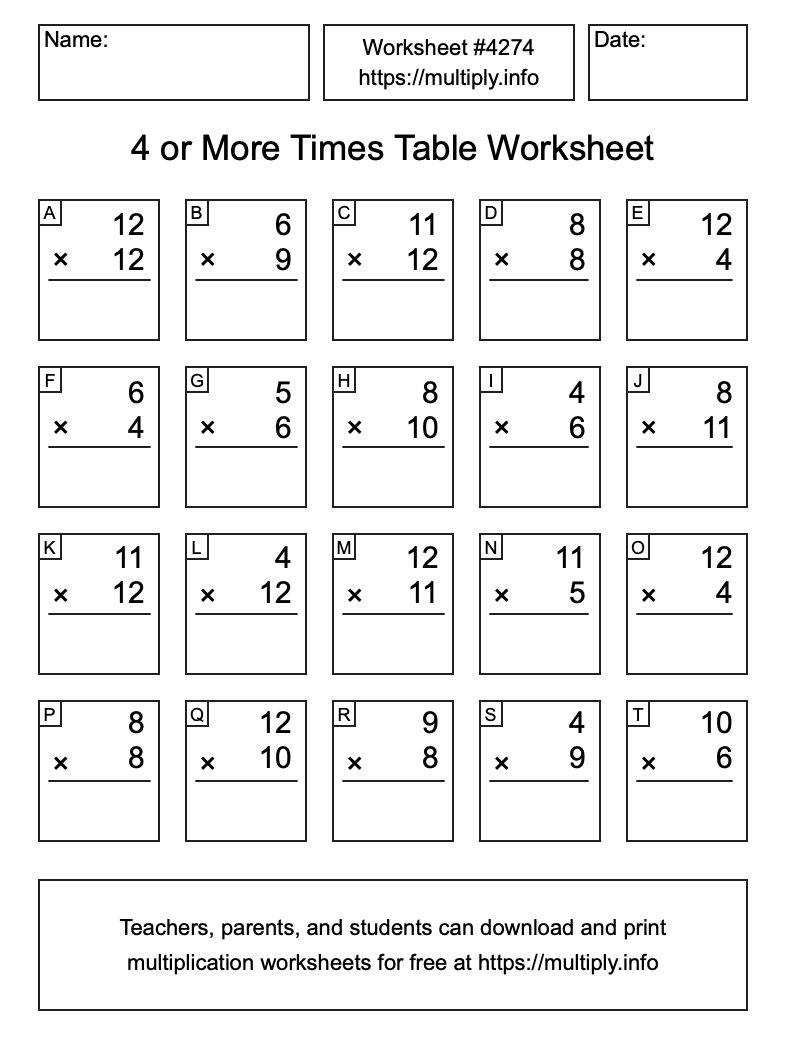4 or more Times Table Worksheet #4274