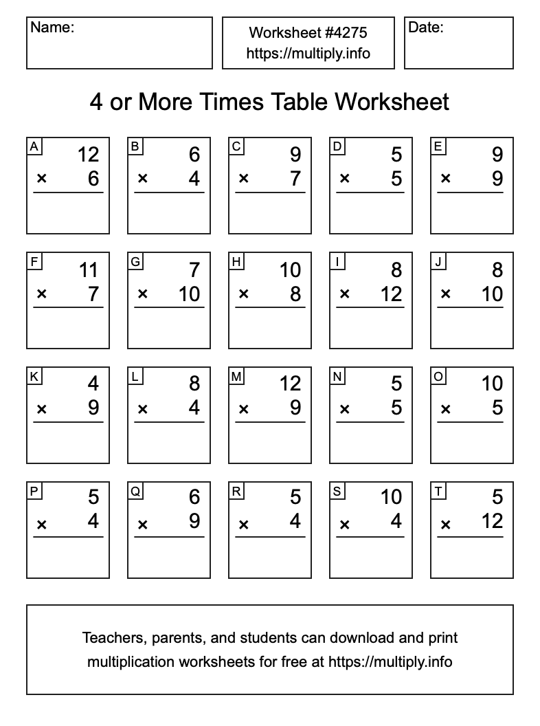 4 or more Times Table Worksheet #4275