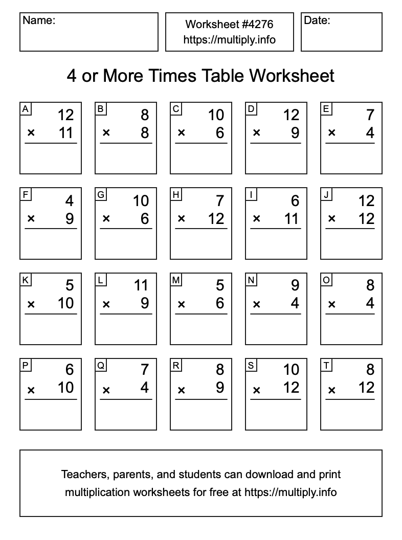 4 or more Times Table Worksheet #4276