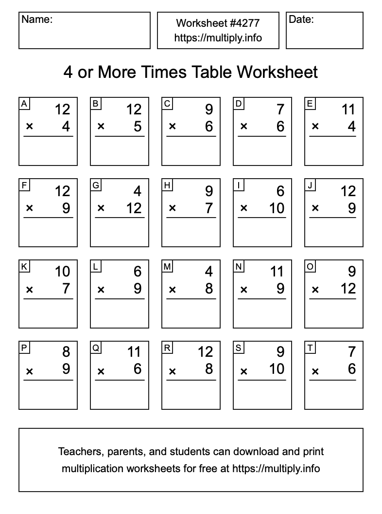 4 or more Times Table Worksheet #4277