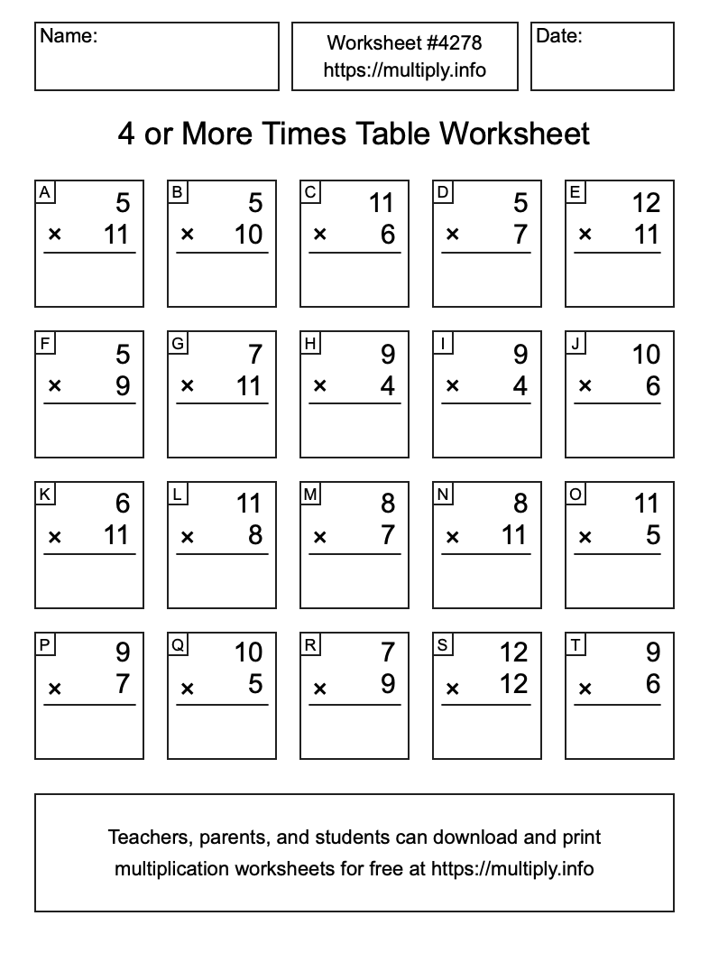 4 or more Times Table Worksheet #4278