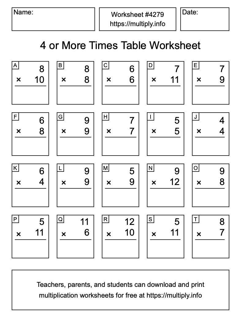 4 or more Times Table Worksheet #4279