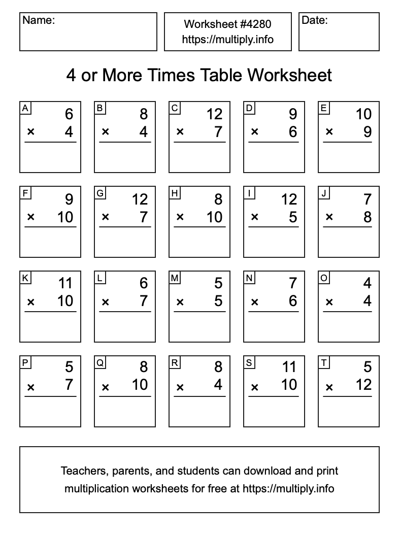 4 or more Times Table Worksheet #4280