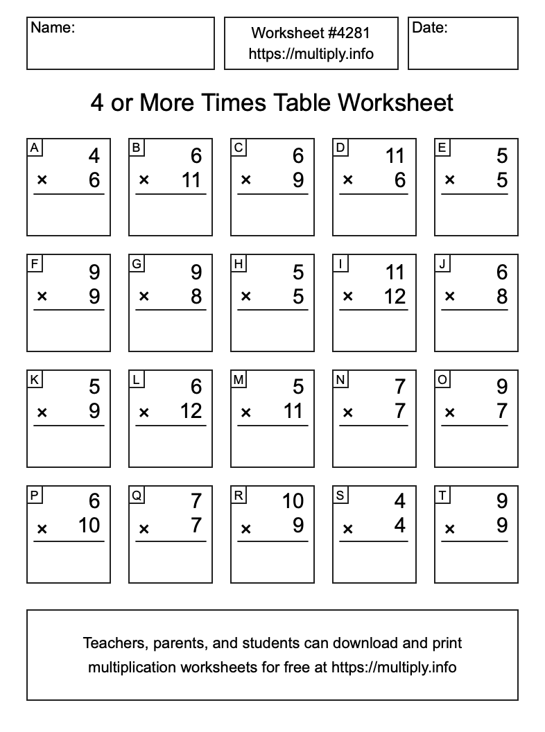 4 or more Times Table Worksheet #4281