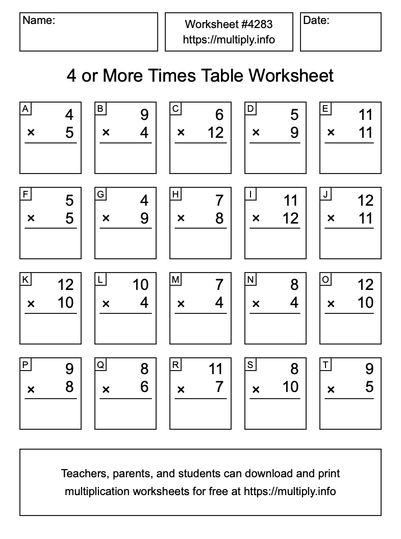 4 or more Times Table Worksheet #4283