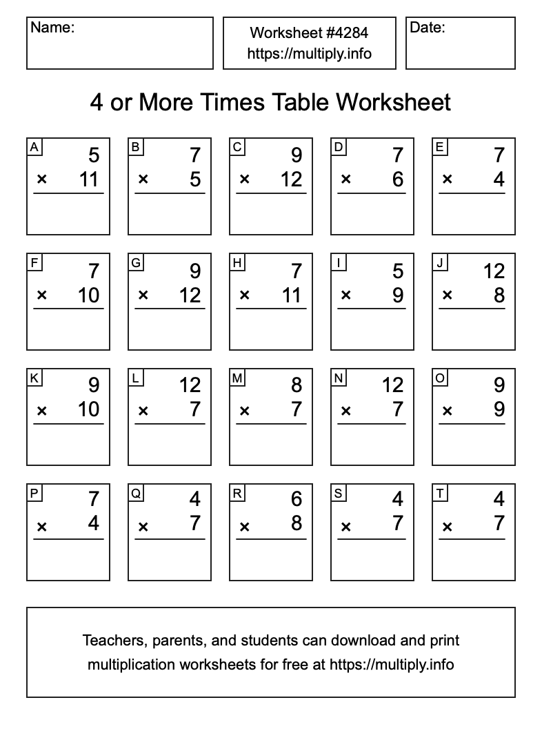 4 or more Times Table Worksheet #4284