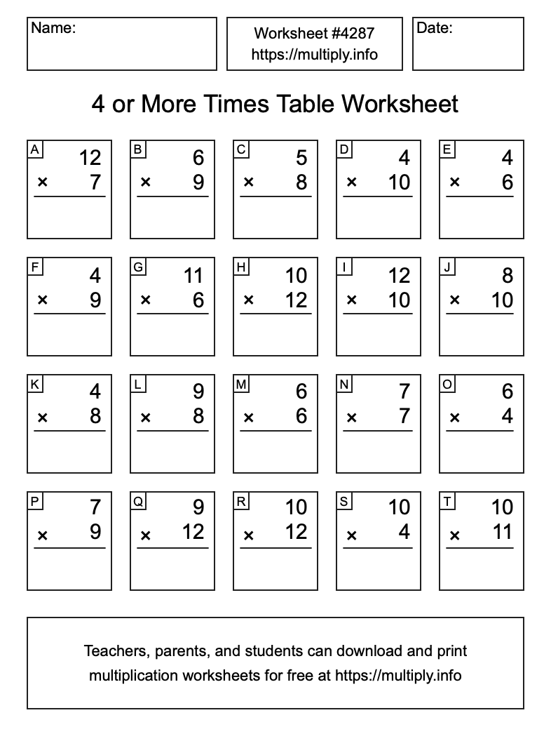 4 or more Times Table Worksheet #4287