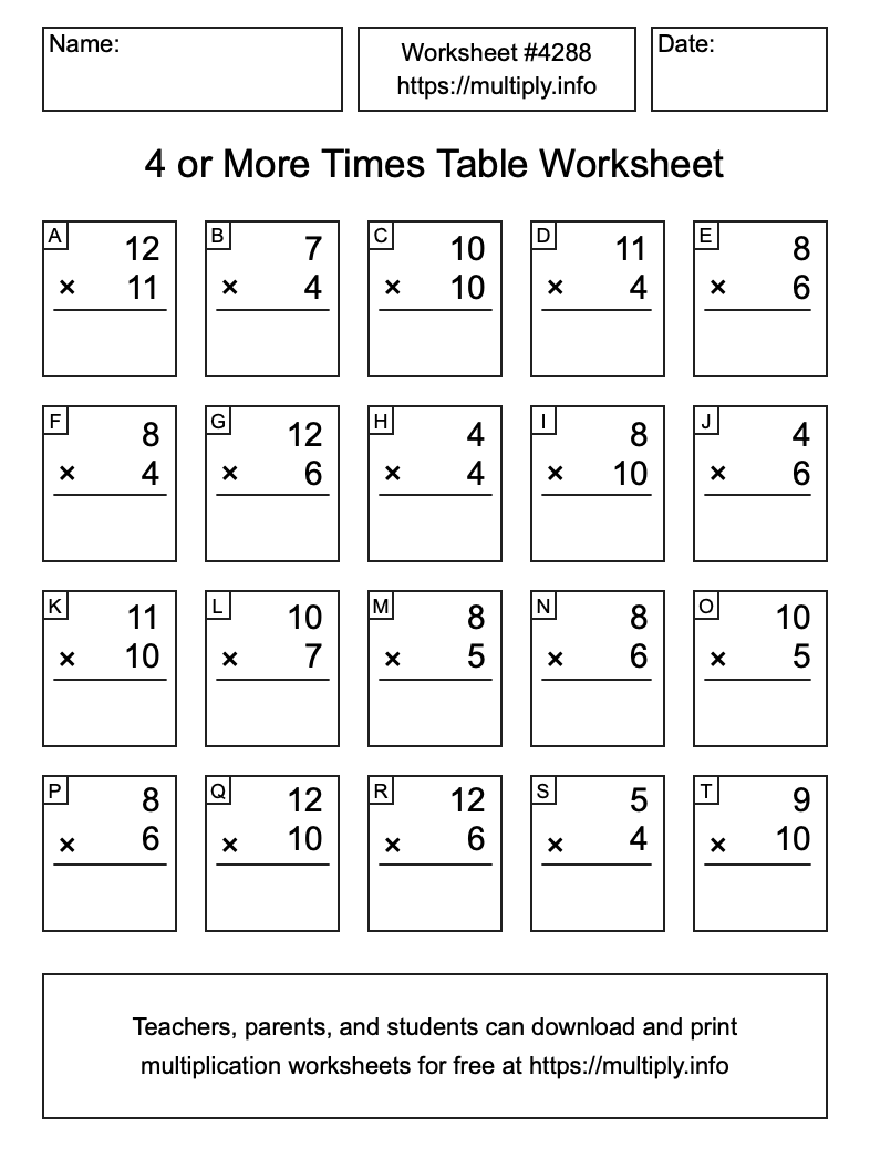 4 or more Times Table Worksheet #4288