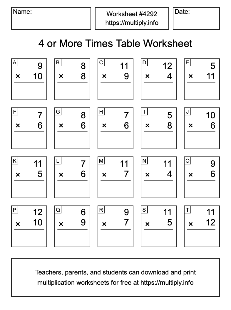 4 or more Times Table Worksheet #4292