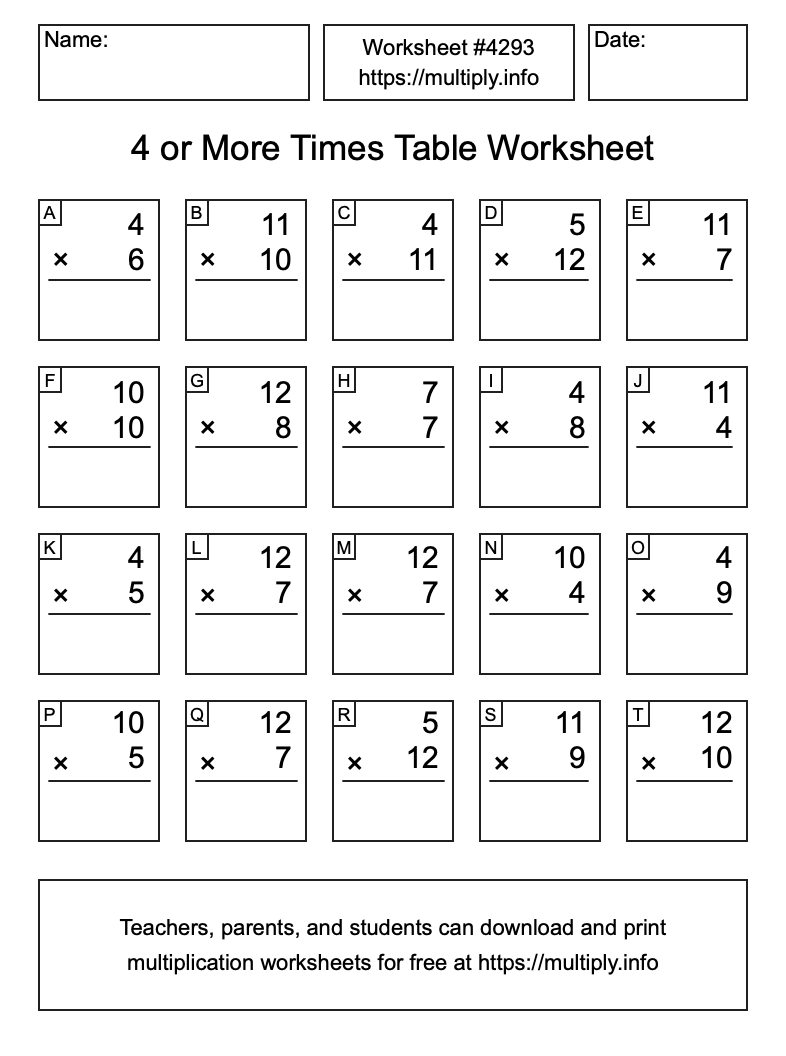 4 or more Times Table Worksheet #4293