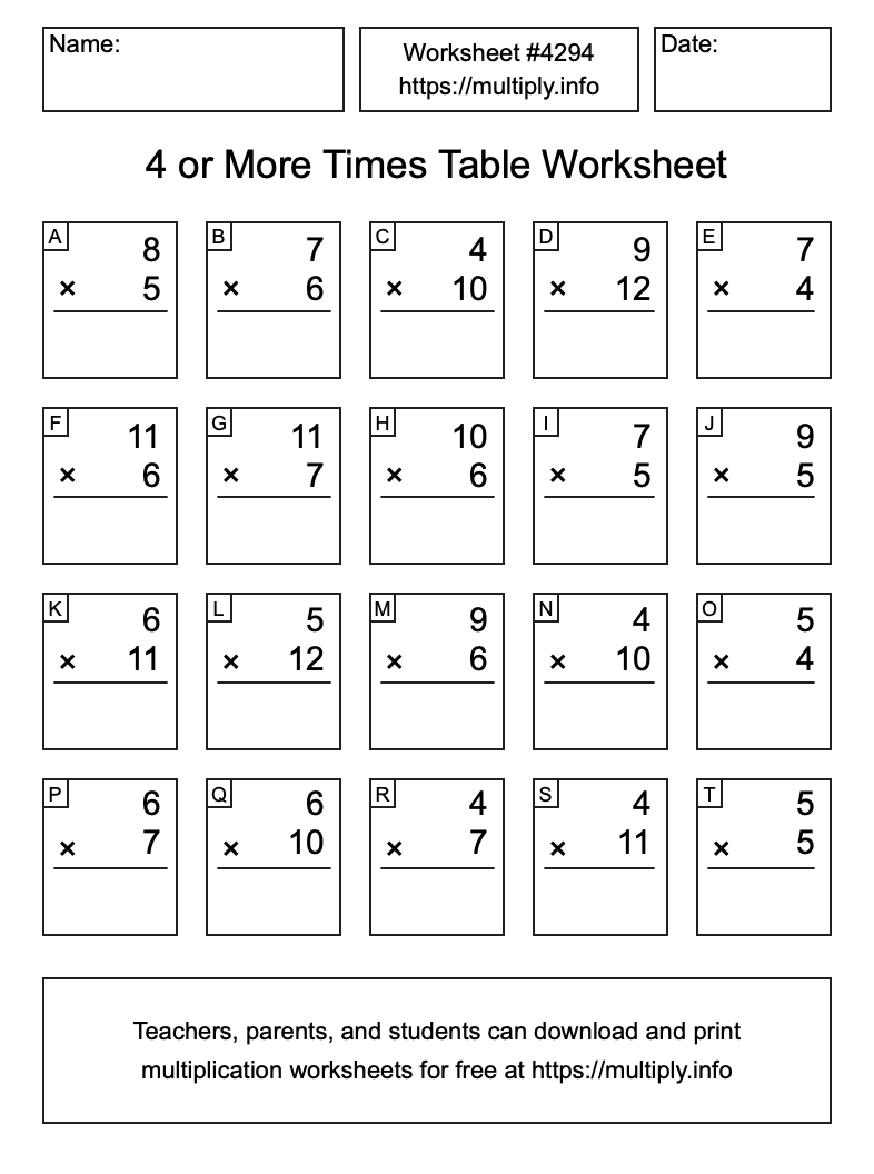 4 or more Times Table Worksheet #4294