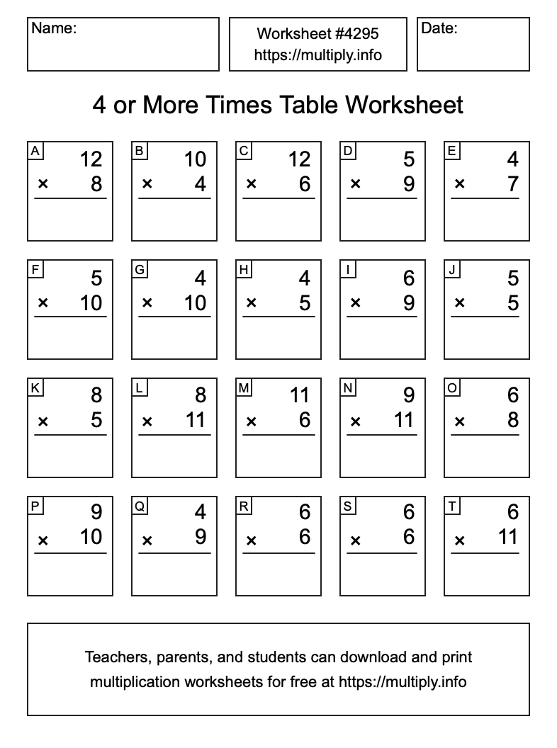 4 or more Times Table Worksheet #4295