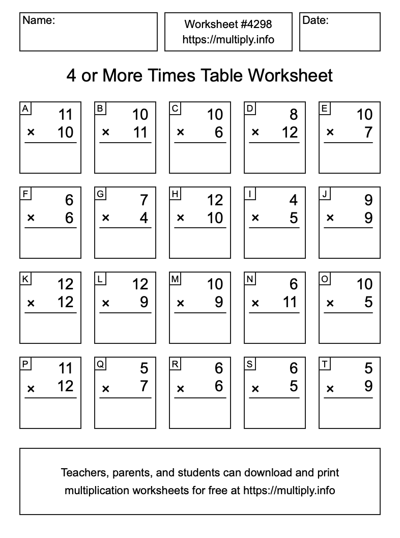 4 or more Times Table Worksheet #4298