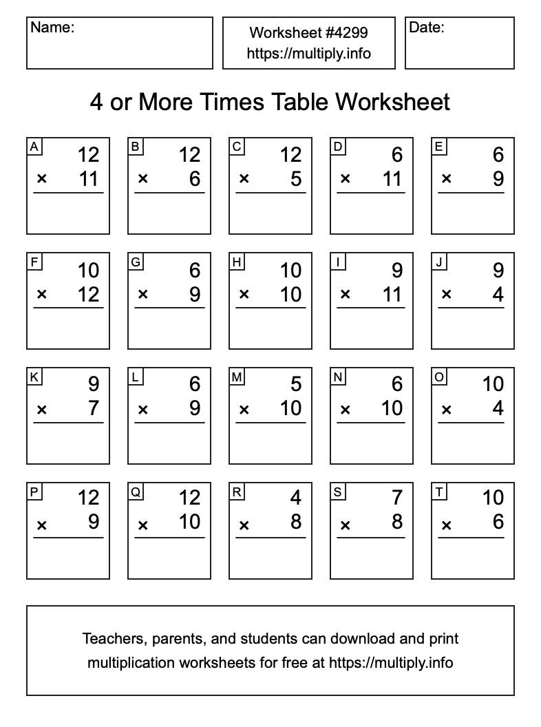 4 or more Times Table Worksheet #4299