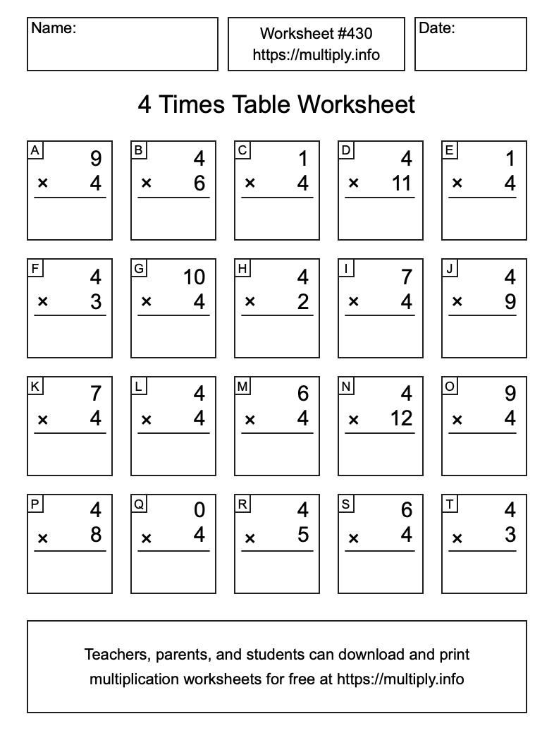 4 Times Table Worksheet #430