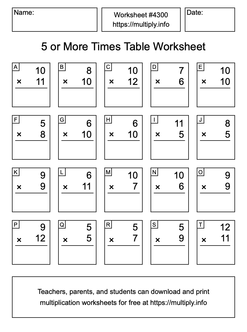 5 or more Times Table Worksheet #4300
