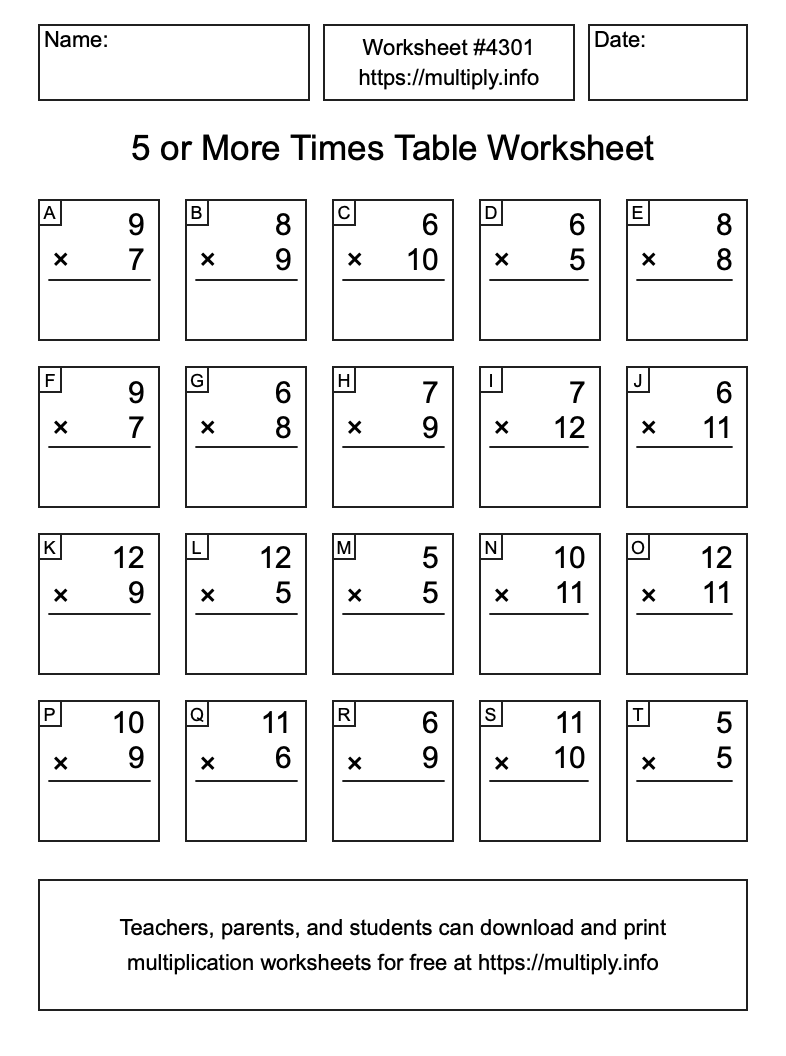 5 or more Times Table Worksheet #4301