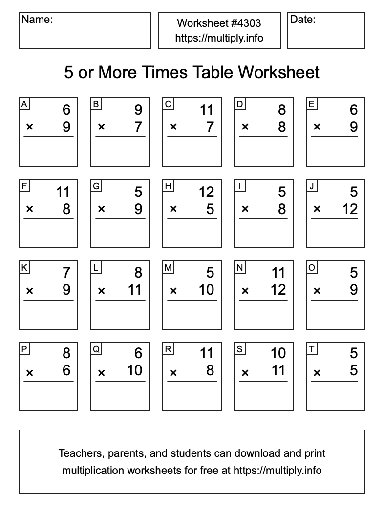 5 or more Times Table Worksheet #4303