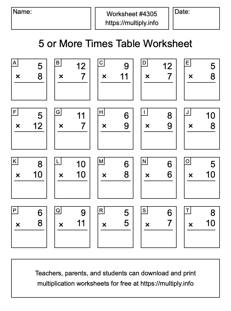 5 or more Times Table Worksheet #4305