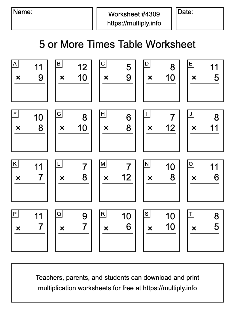 5 or more Times Table Worksheet #4309