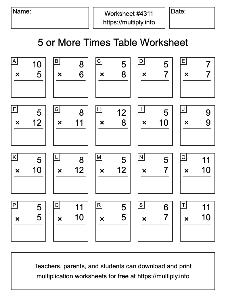5 or more Times Table Worksheet #4311