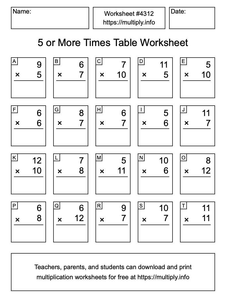 5 or more Times Table Worksheet #4312