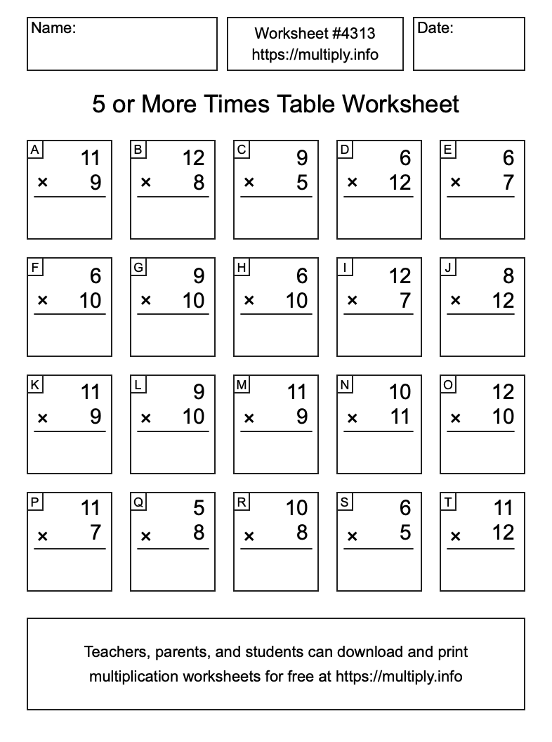 5 or more Times Table Worksheet #4313