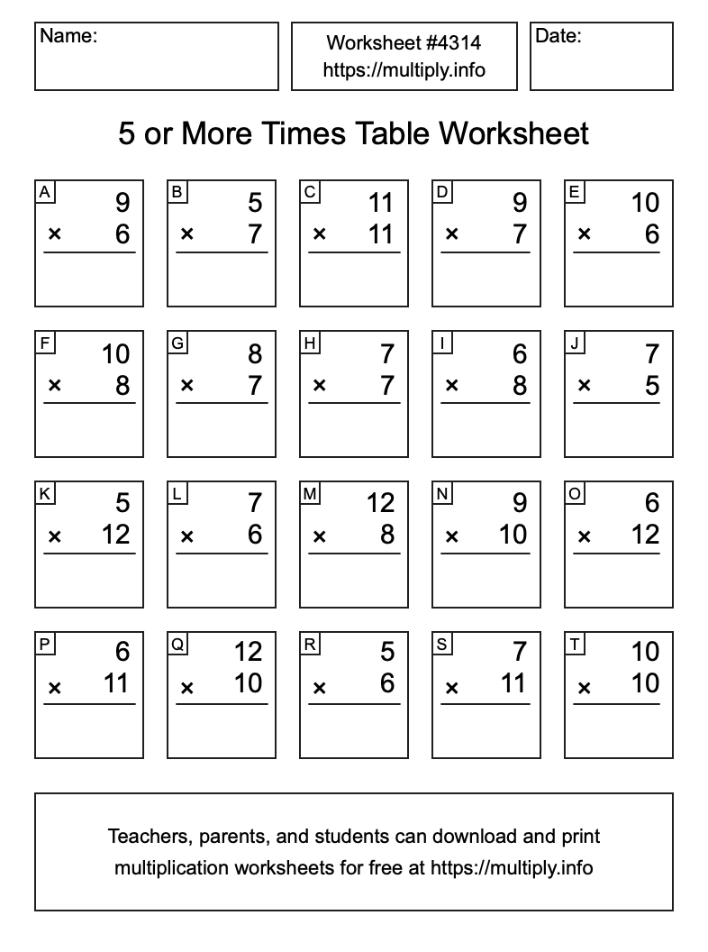 5 or more Times Table Worksheet #4314