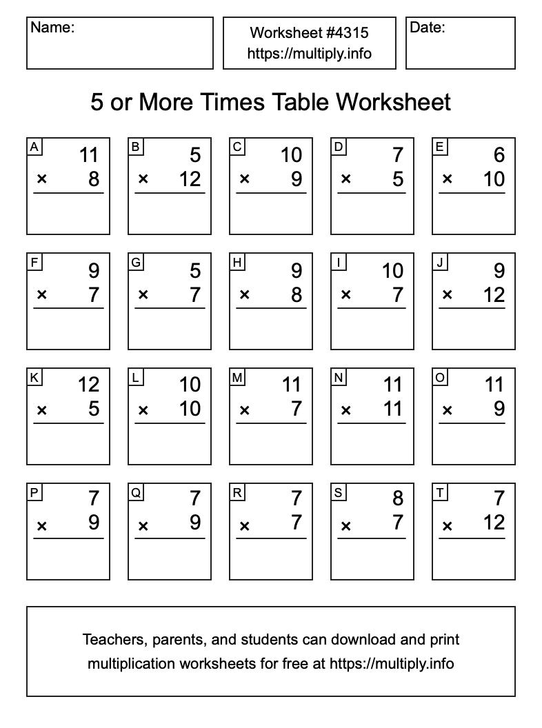 5 or more Times Table Worksheet #4315