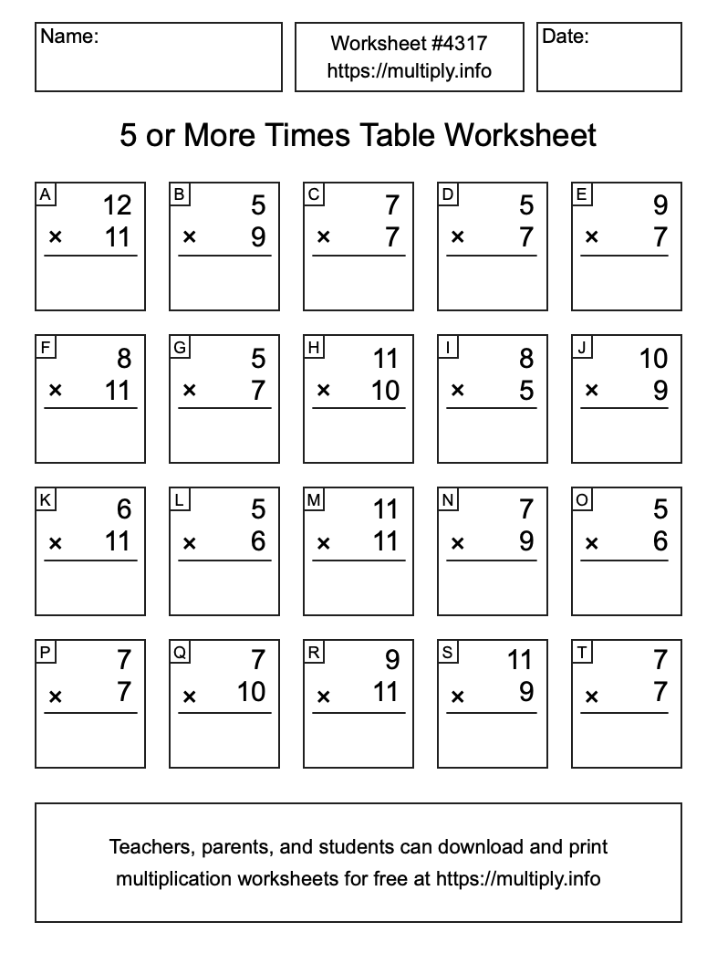 5 or more Times Table Worksheet #4317