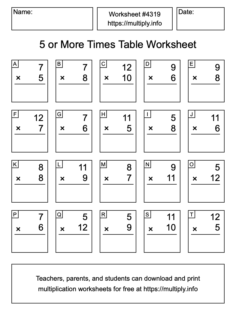 5 or more Times Table Worksheet #4319