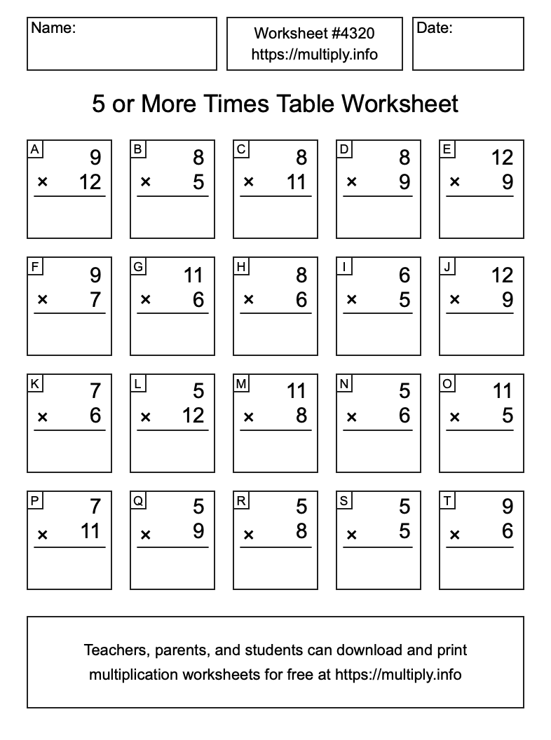 5 or more Times Table Worksheet #4320