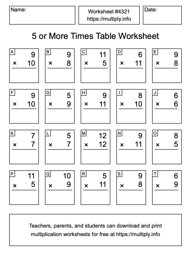 5 or more Times Table Worksheet #4321