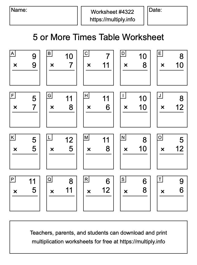 5 or more Times Table Worksheet #4322