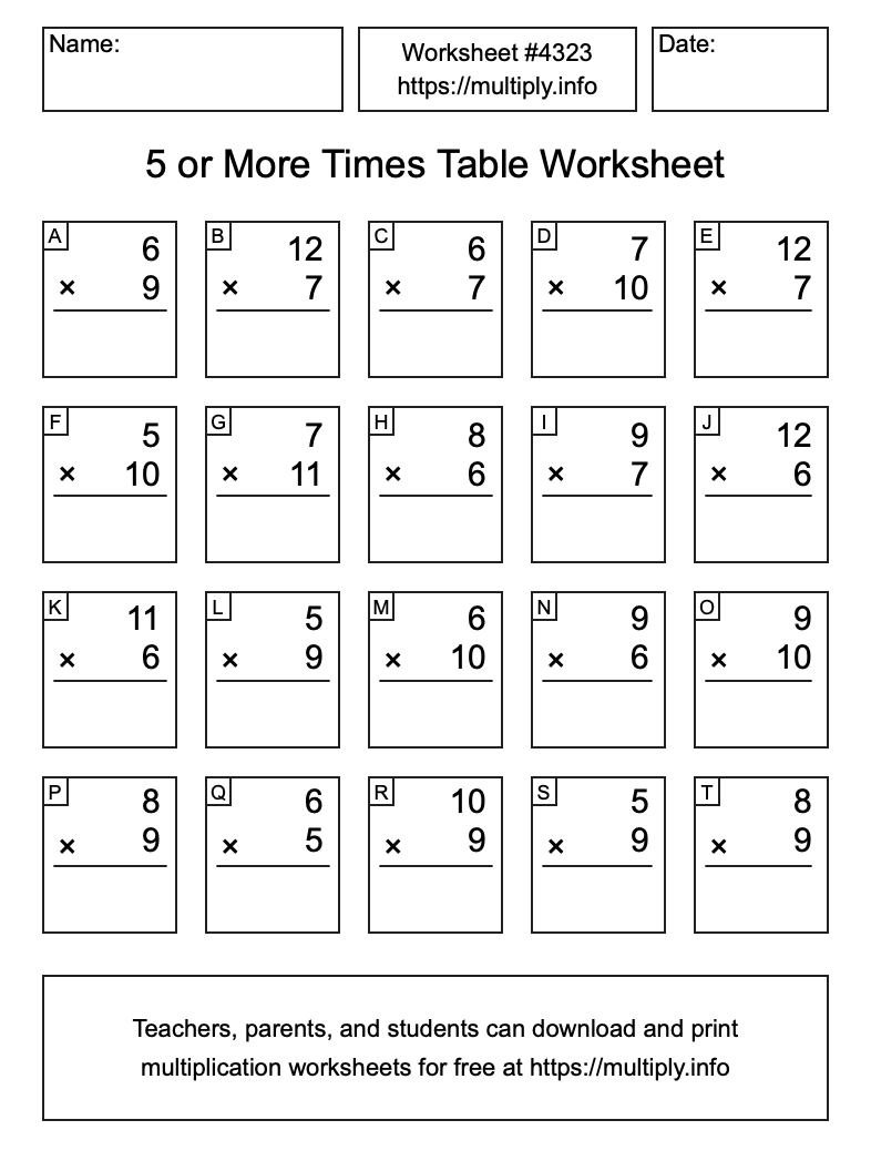 5 or more Times Table Worksheet #4323