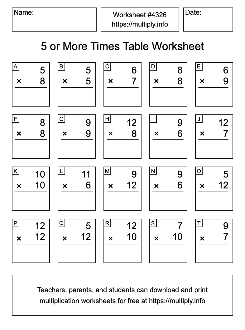 5 or more Times Table Worksheet #4326