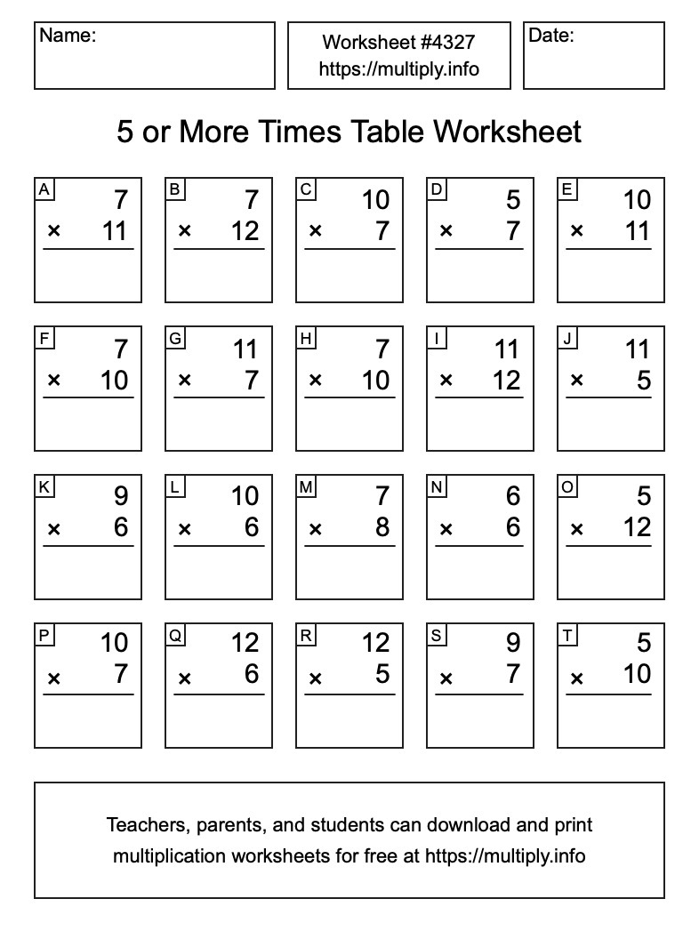 5 or more Times Table Worksheet #4327