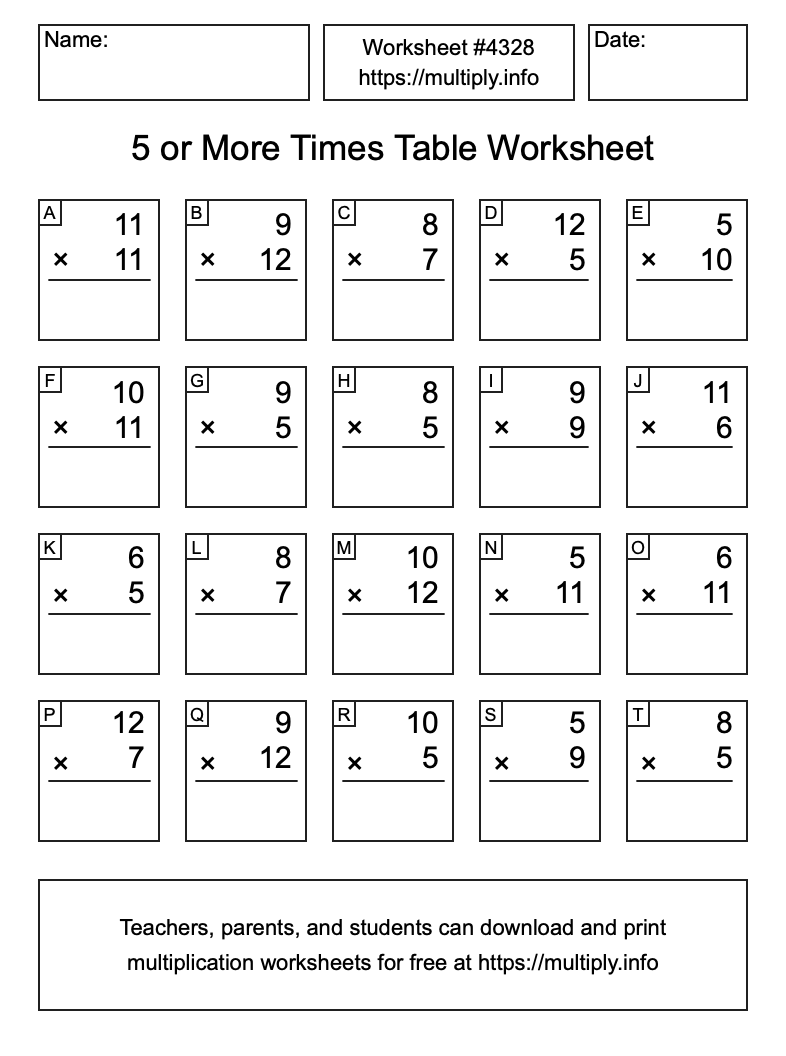 5 or more Times Table Worksheet #4328