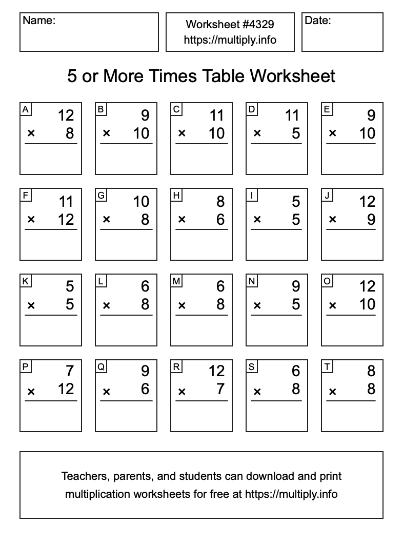 5 or more Times Table Worksheet #4329