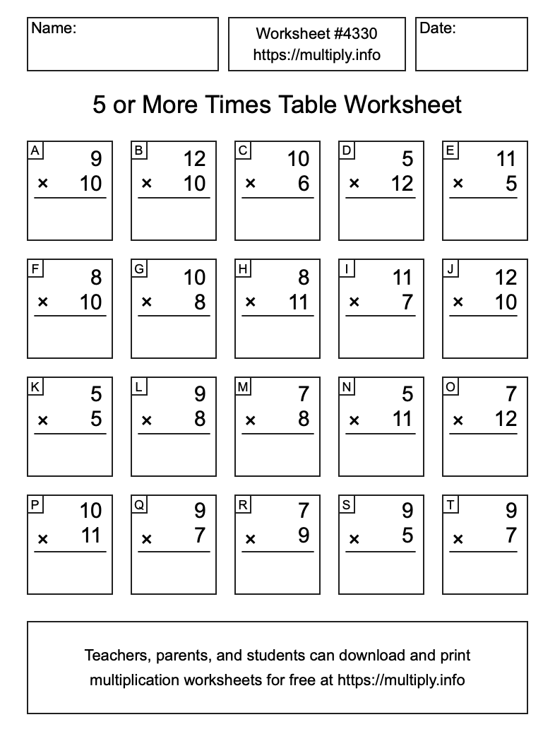 5 or more Times Table Worksheet #4330