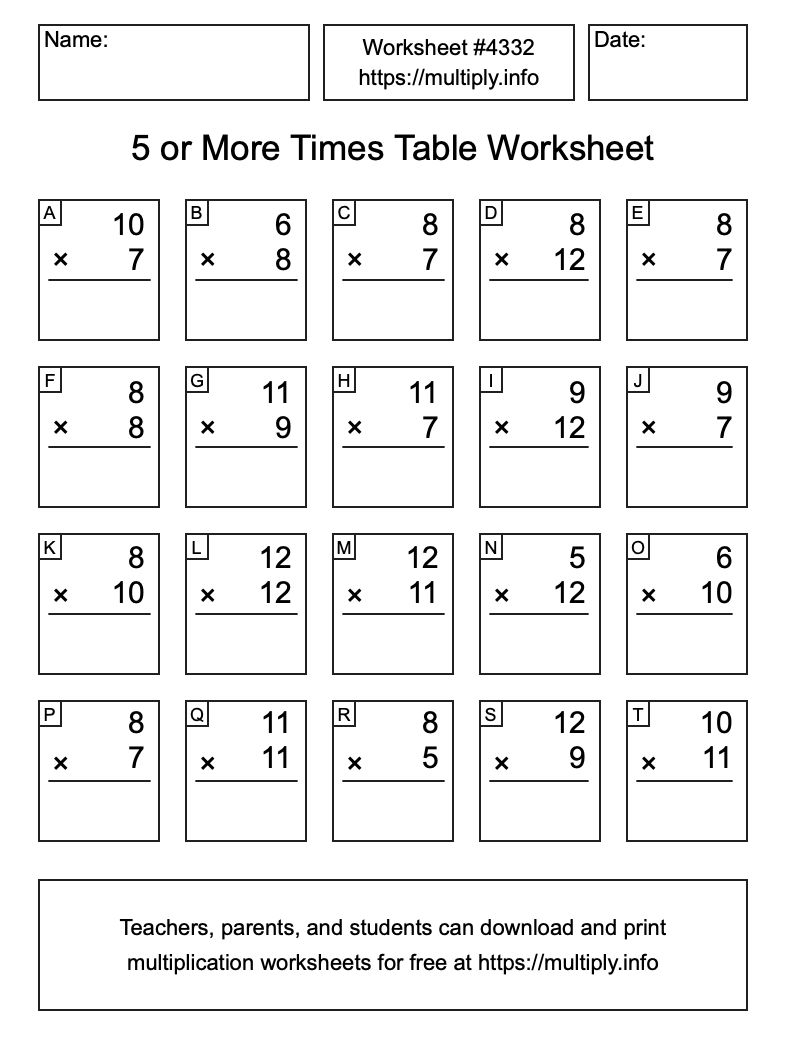 5 or more Times Table Worksheet #4332