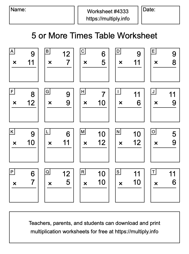 5 or more Times Table Worksheet #4333