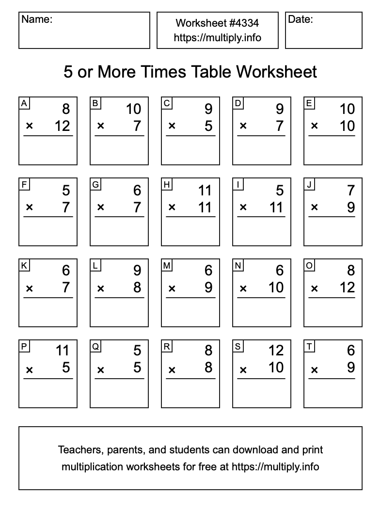 5 or more Times Table Worksheet #4334