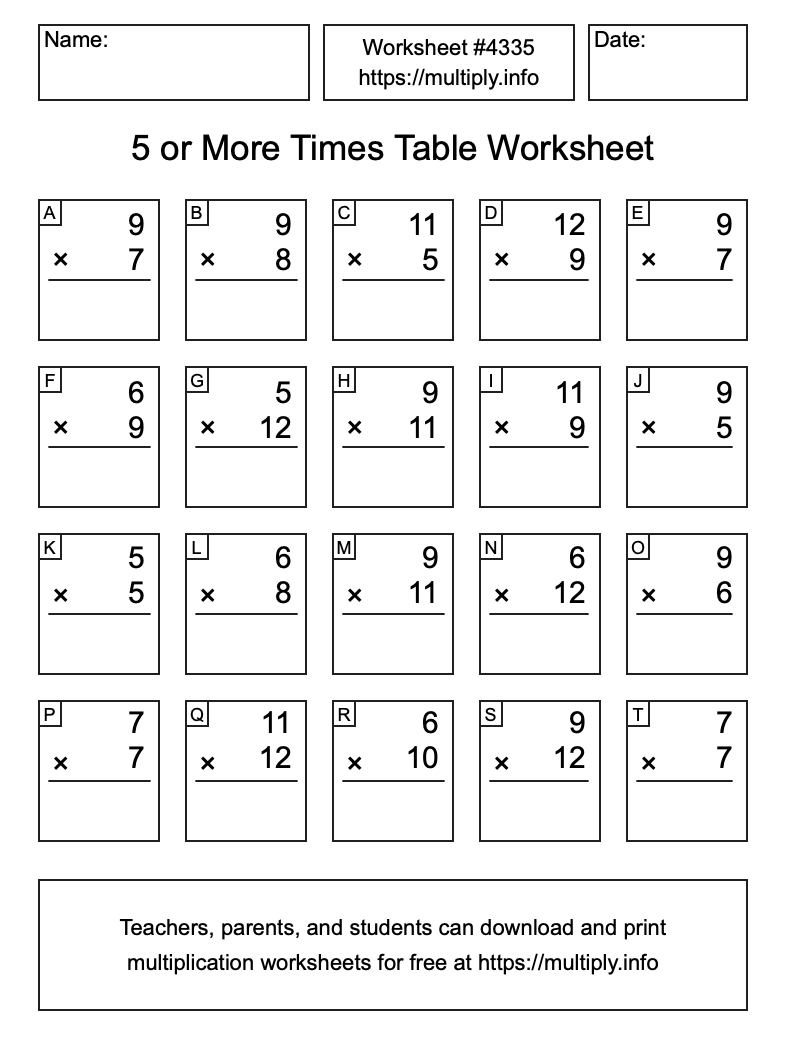 5 or more Times Table Worksheet #4335