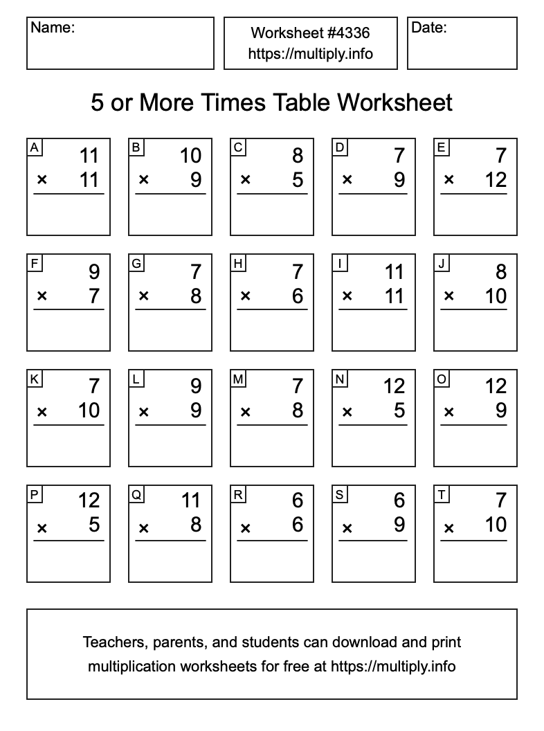 5 or more Times Table Worksheet #4336